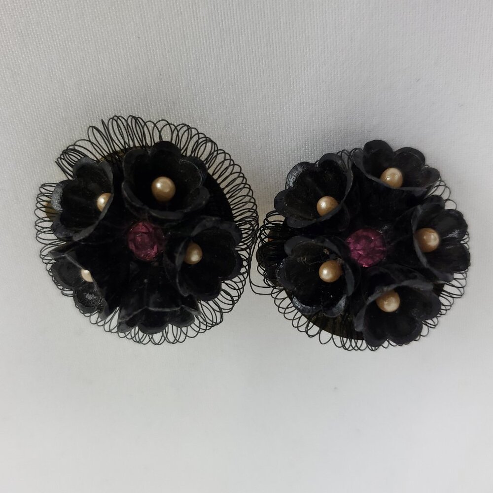 Vintage Black Floral Western Germany Clip On Earrings